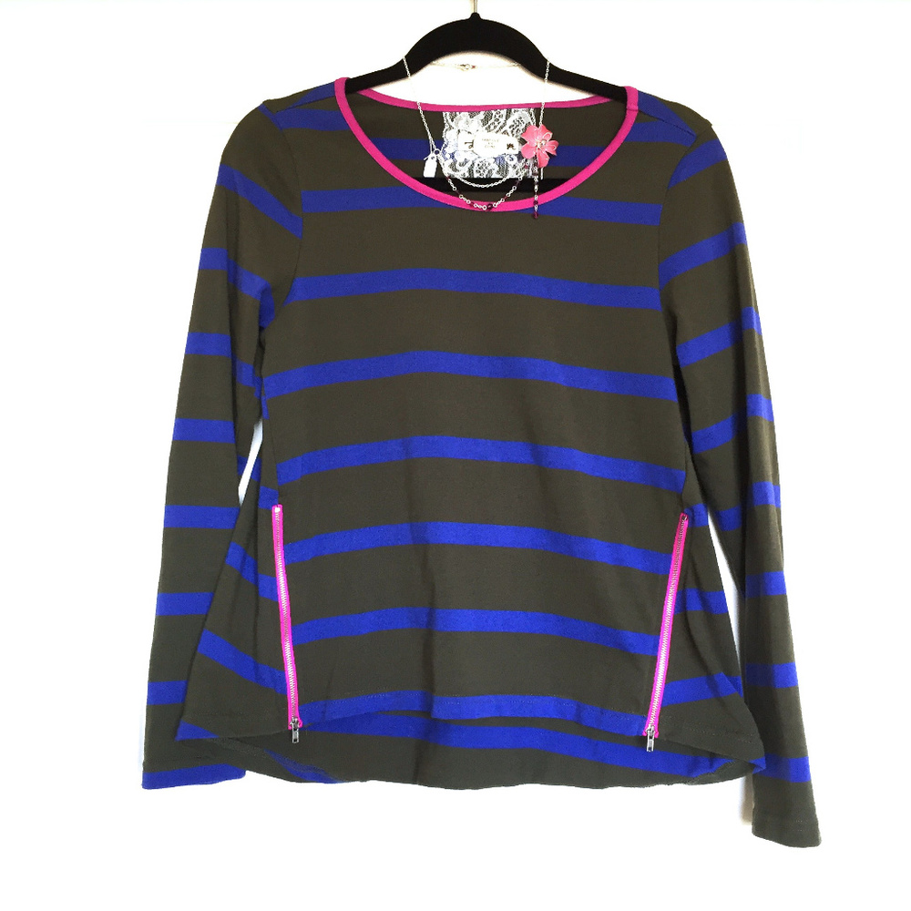 Anthropologie Blue Pink & Olive Striped Top